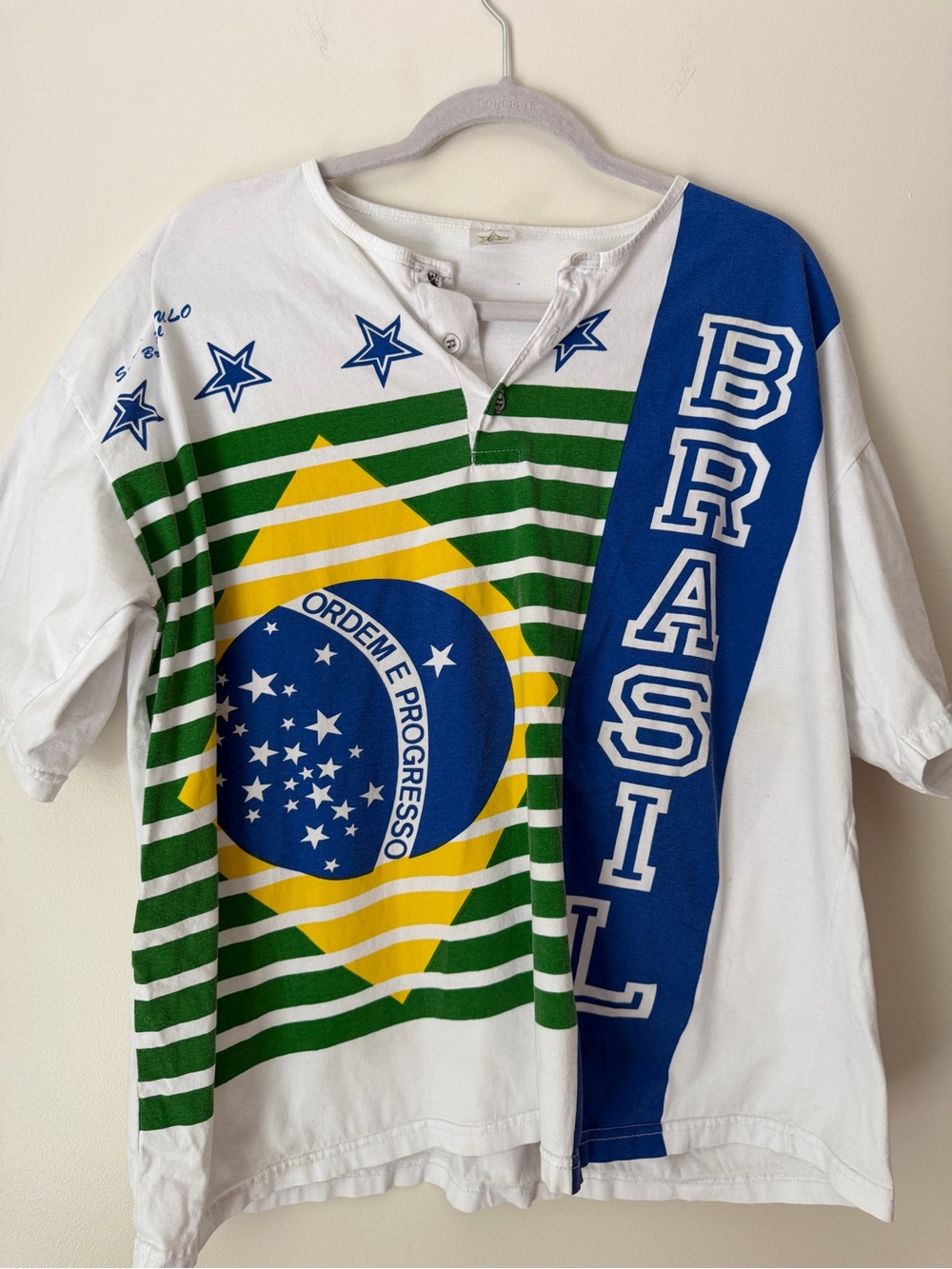 Vintage Brazil Flag Graphic Tee - White, Green, Blue, Yellow